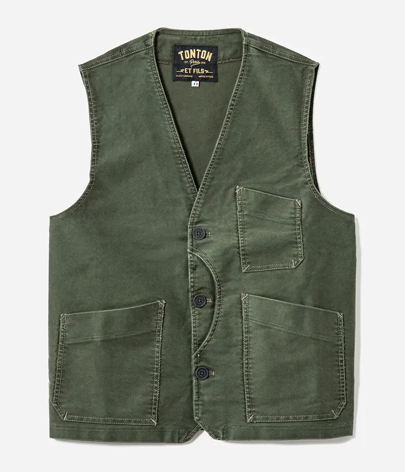 Le gilet « Belleville » moleskine kaki