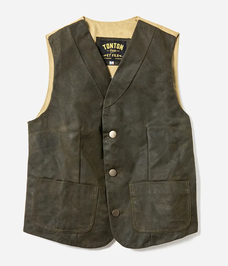 Le gilet «Lucien» canvas waxé kaki et canvas kaki clair