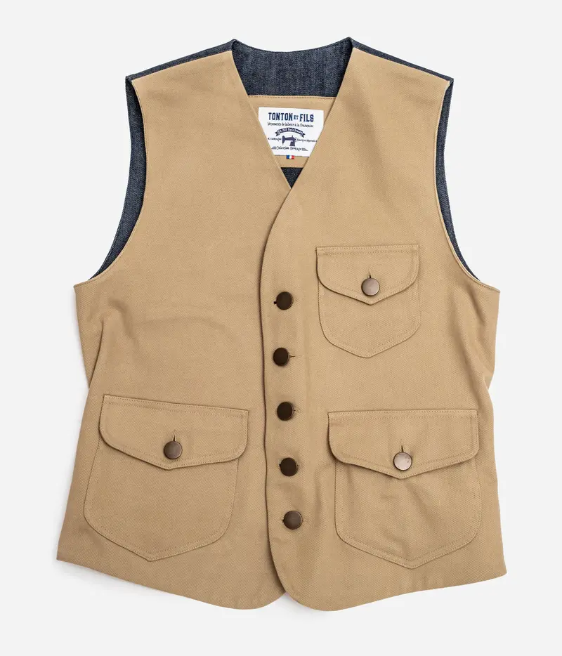 Le gilet «Raoul» canvas kaki clair et denim