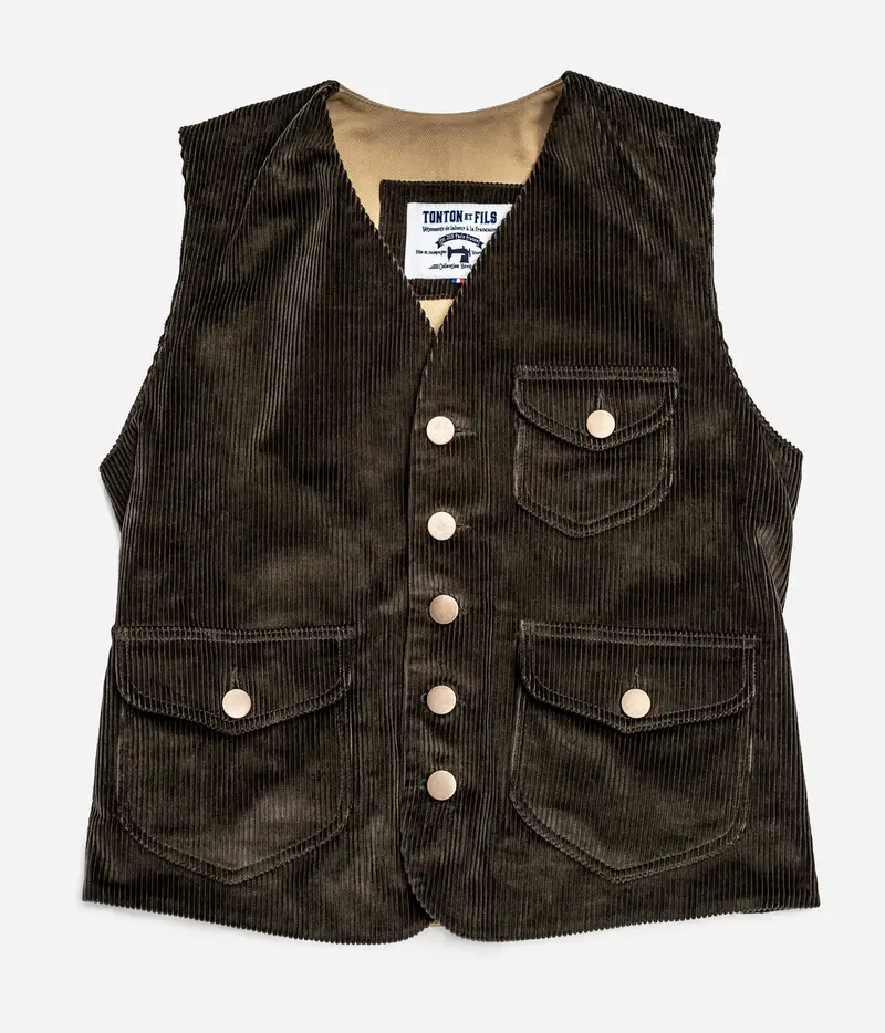 Le gilet «Raoul» velours brun et canvas kaki clair