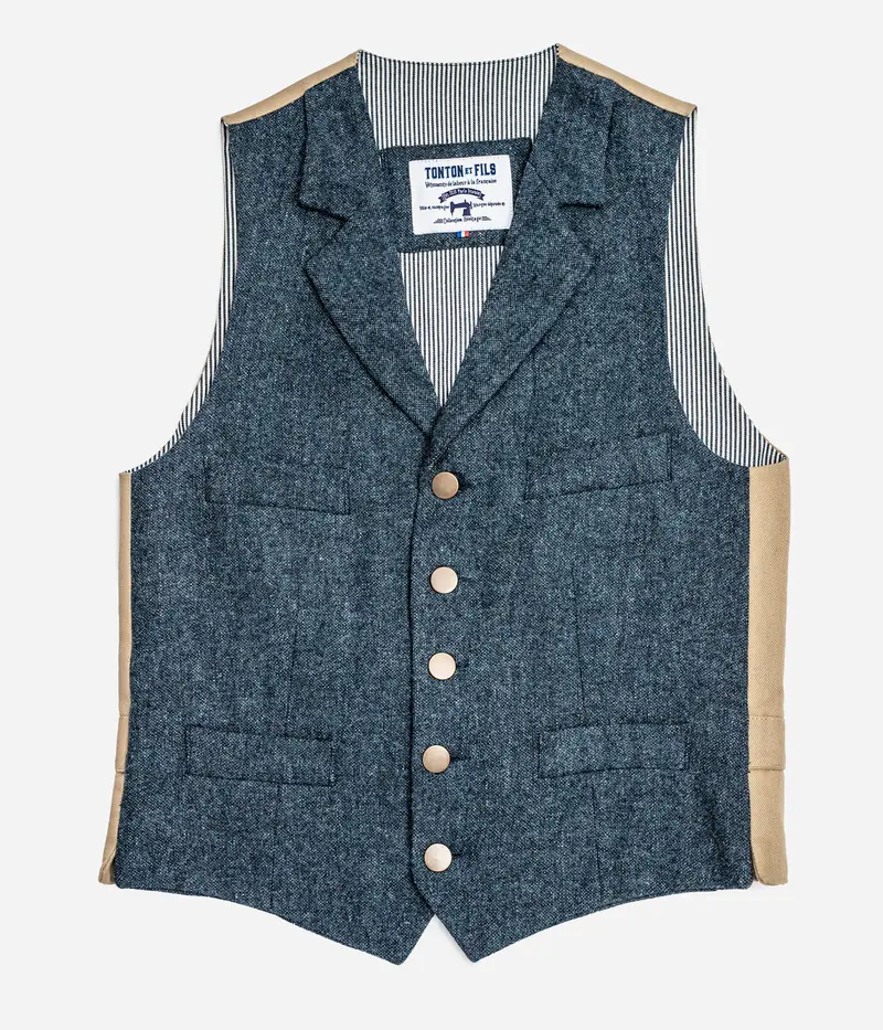 Le veston «Fernand» tweed bleu et canvas kaki clair