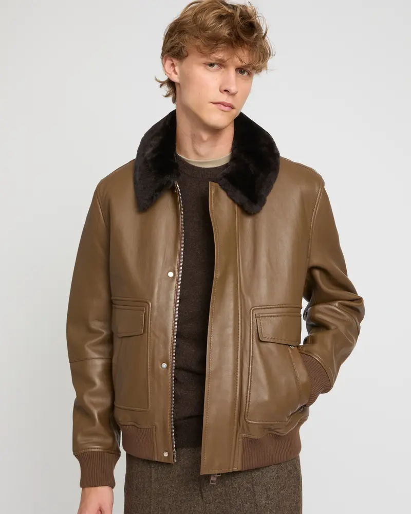Leather aviator jacket with Merino lambskin shearling collar