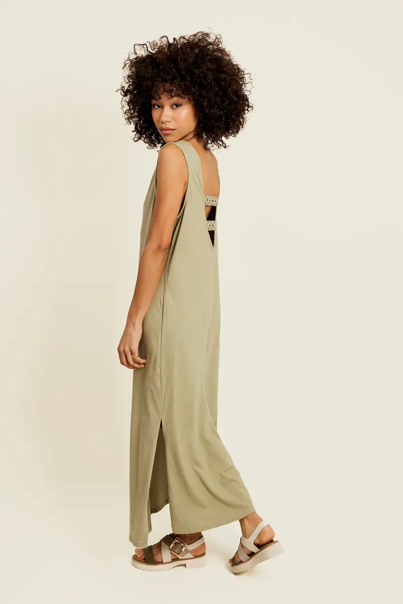 LÉONISSE - Robe Longue Kaki à Dos Nu Dentelle