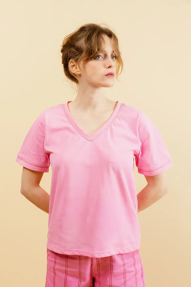 LILLIAN - T-shirt Col V Rose