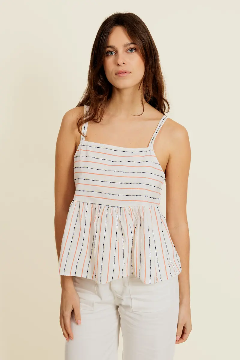 LINEOR - Top Peplum à Rayures et Détails Brodés Blanc