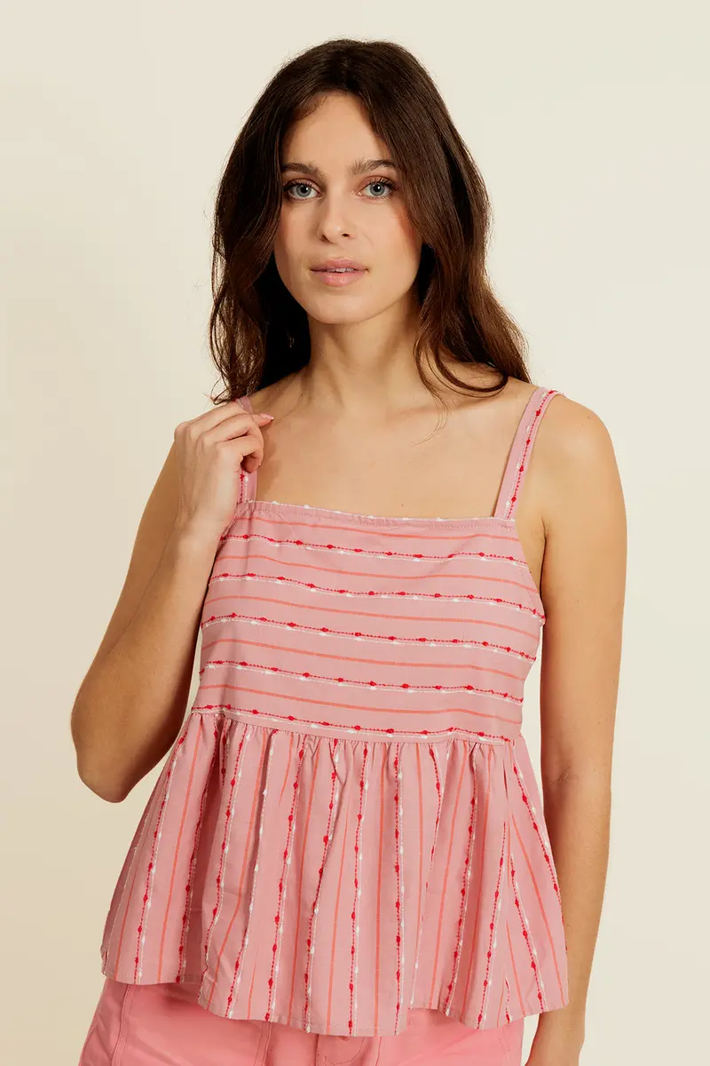 LINEOR - Top Peplum à Rayures et Détails Brodés Rose