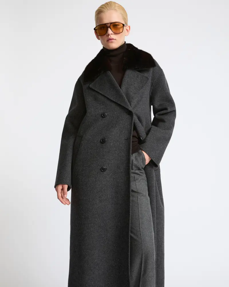 Long cashmere wool coat with mink fur collar