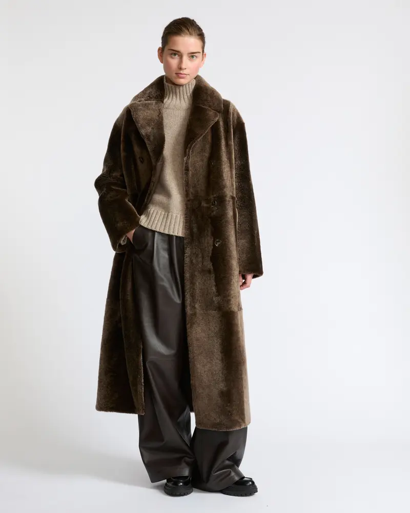 Long double-breasted shearling coat
