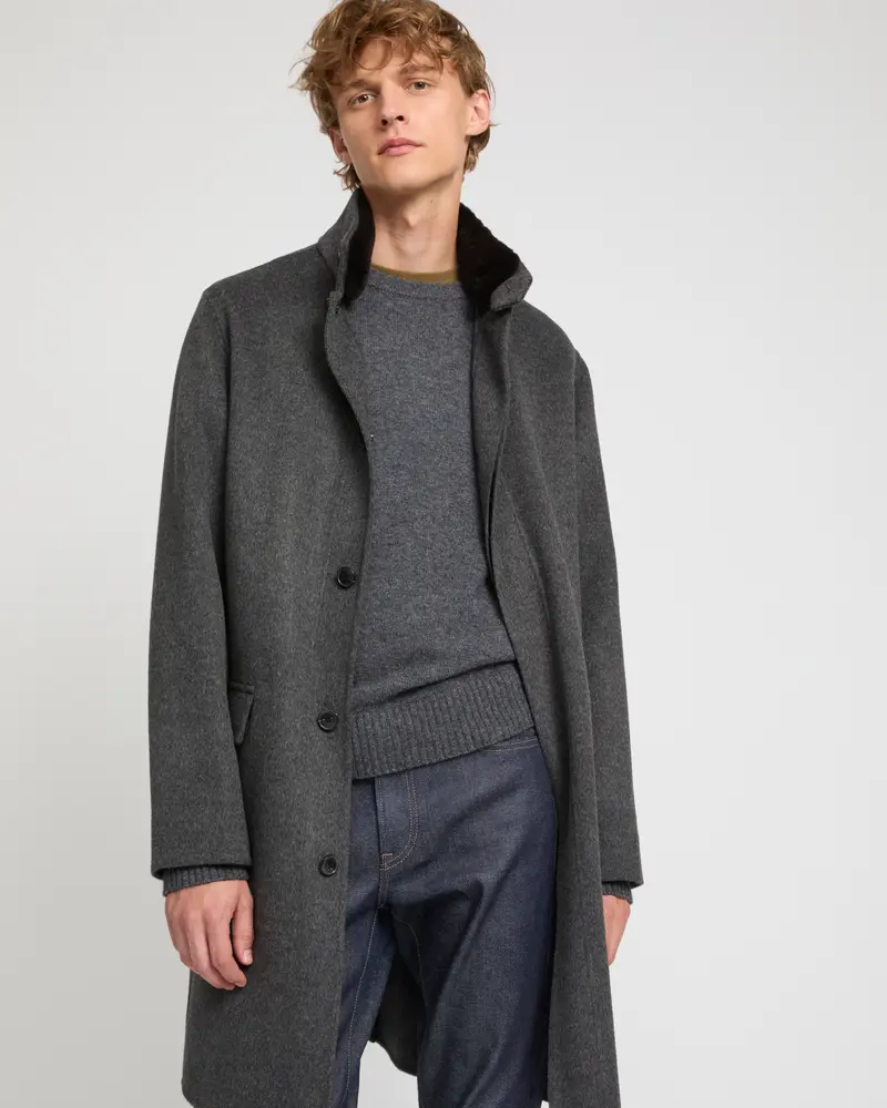 Long Double-sided wool-cashmere fabric coat with mink collar