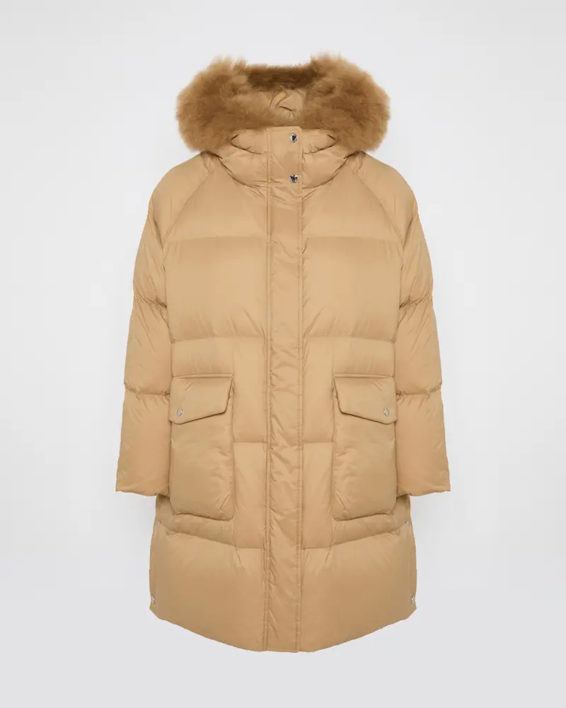 Long down jacket with raglan sleeves and fluffy lambswool trim