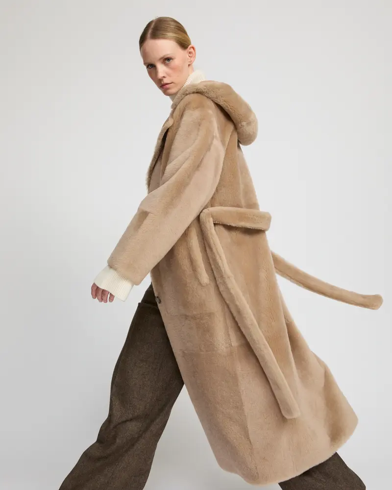 Long hooded lambskin shearling coat