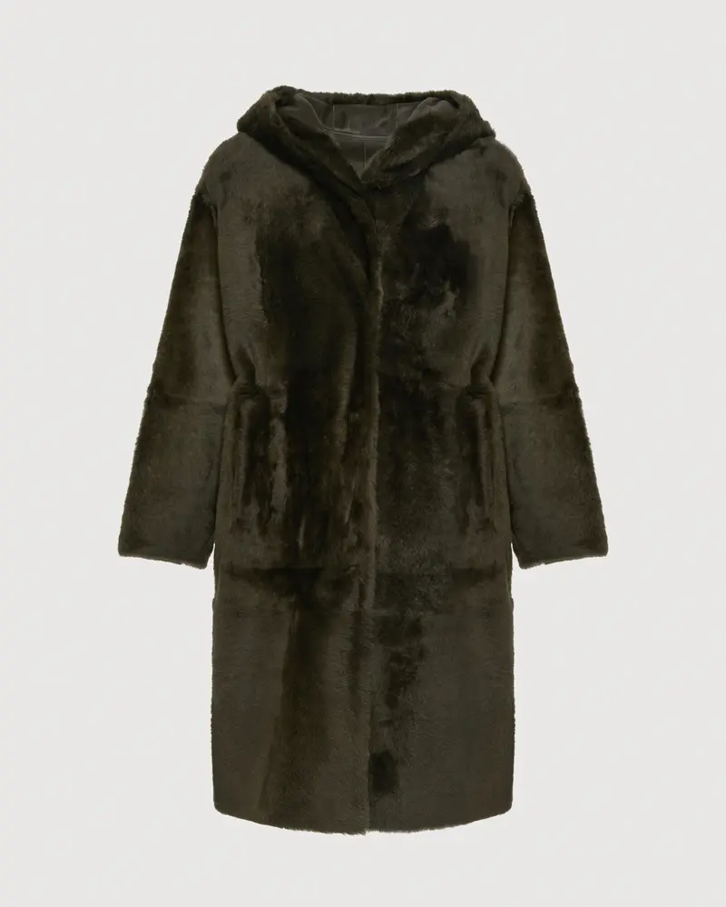 Long hooded shearling coat