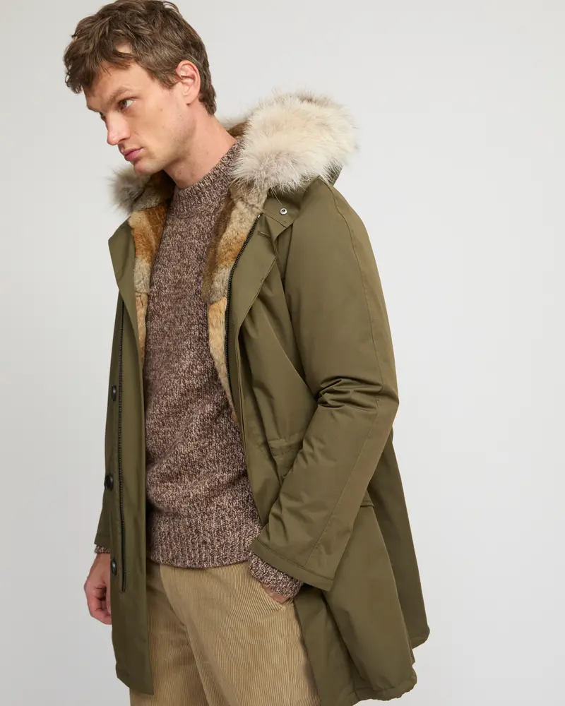 Long Iconic parka in technical cotton with coyote and rabbit fur