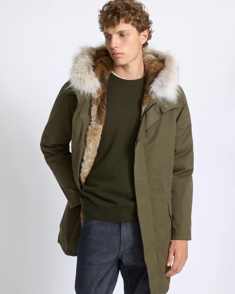 Long Iconic parka in technical cotton with coyote and rabbit fur
