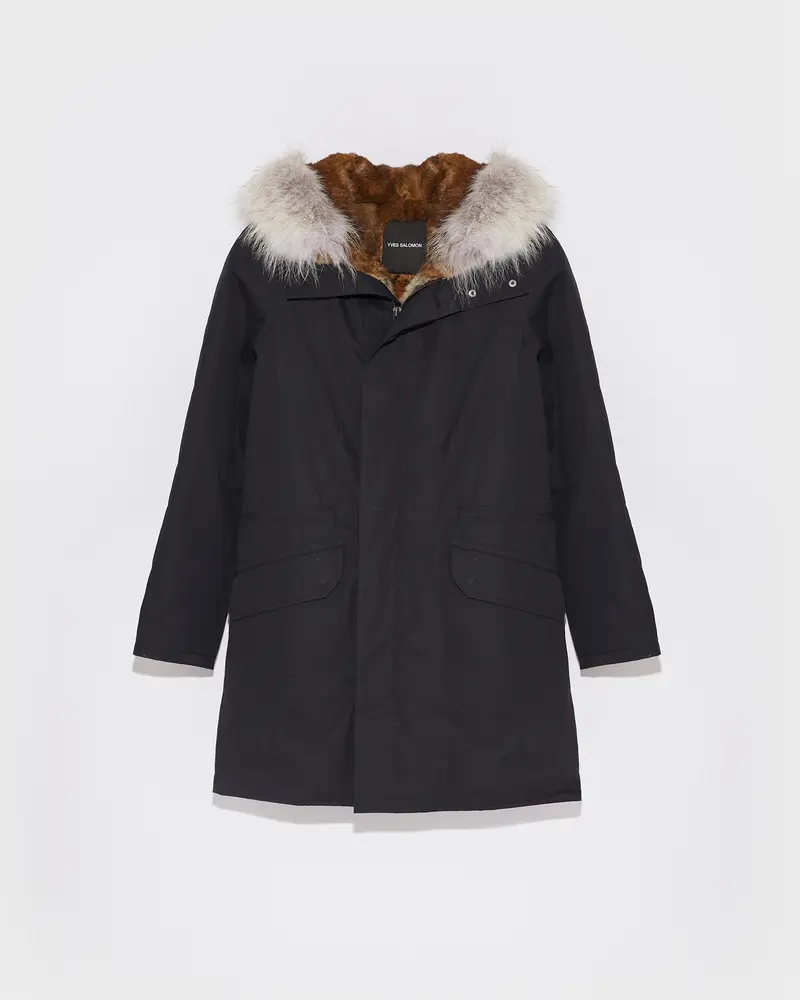 Long Iconic parka in technical cotton with coyote and rabbit fur