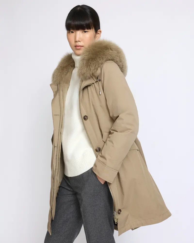 Long Iconic parka in waterproof cotton blend with fox and rabbit fur