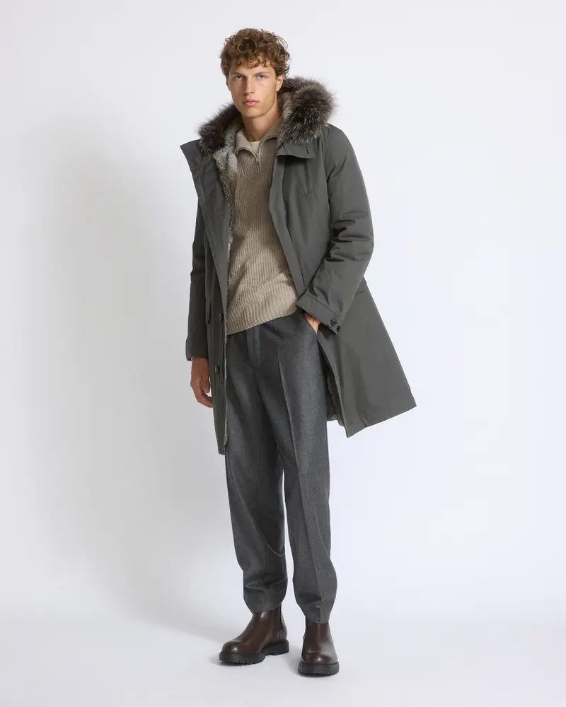 Long parka in blended cotton with fox and rabbit fur lining