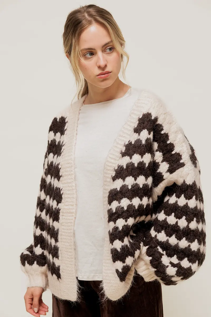LORISIA - Gilet Oversize en Grosse Maille Bicolore Écru