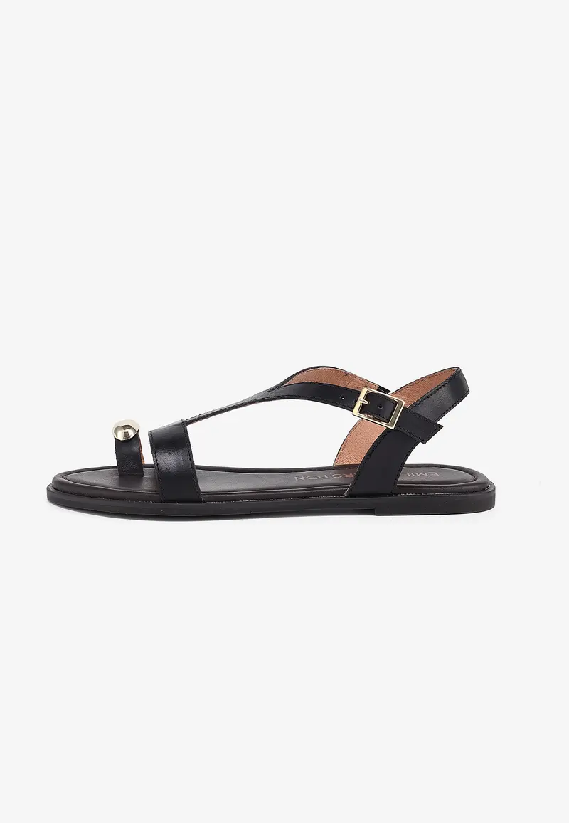 LYNDA - Sandales Plates en Cuir Noir avec Bijou
