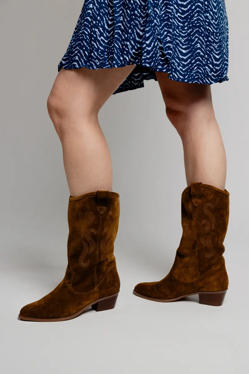 LYS - Santiags Mi-Hautes en Croûte de Cuir Camel