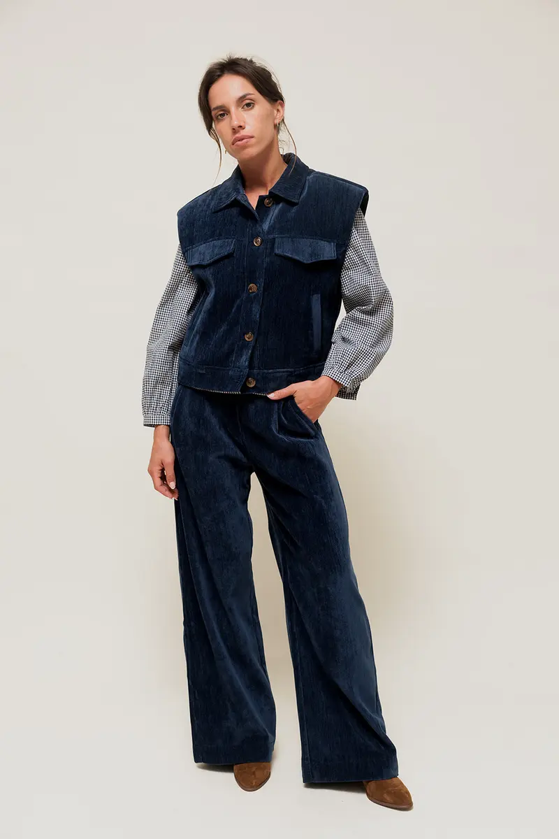 LYSORA - Pantalon Large effet Velours Bleu