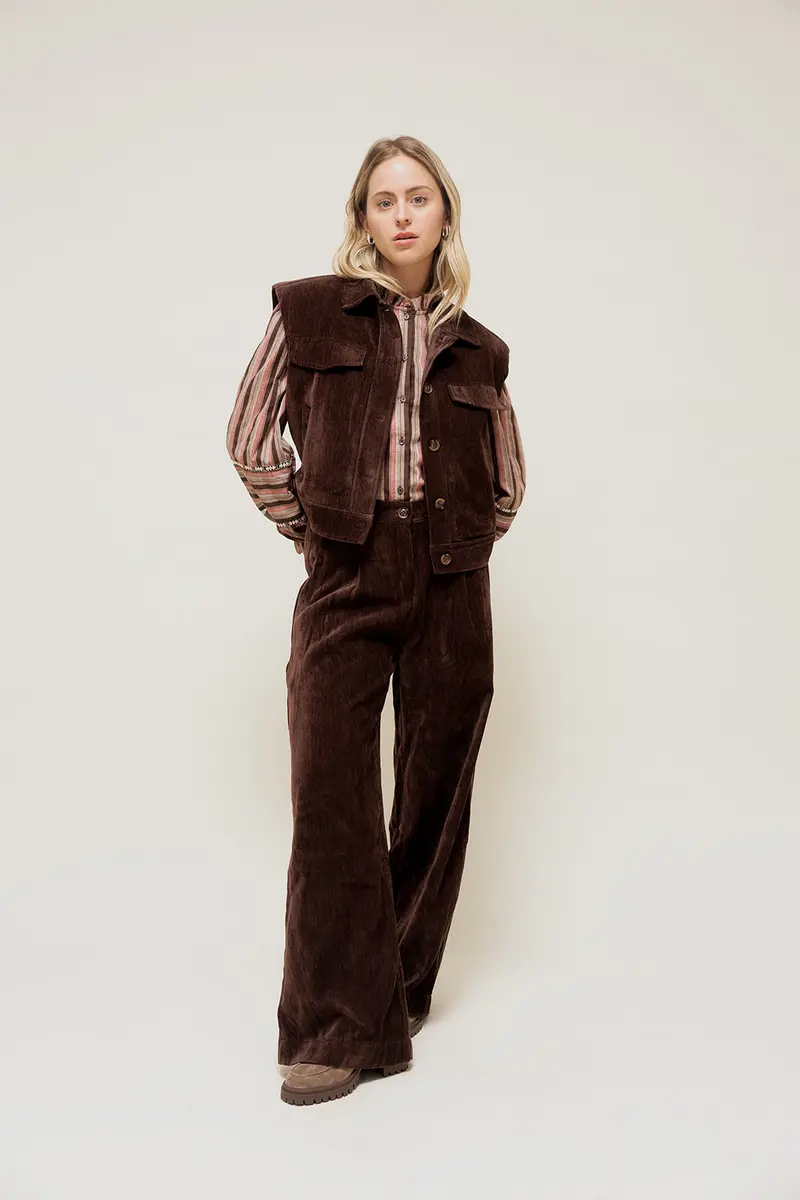 LYSORA - Pantalon Large effet Velours  Marron