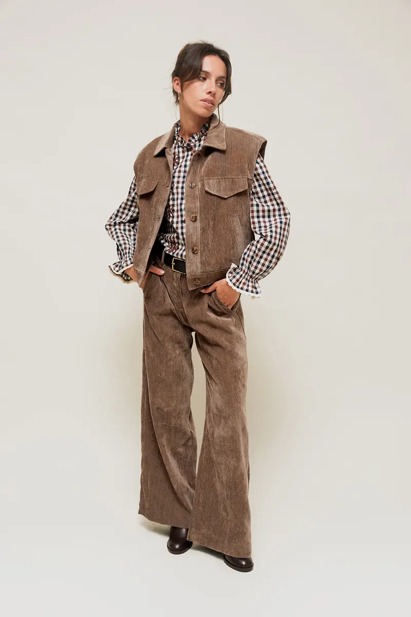 LYSORA - Pantalon Large effet Velours Taupe