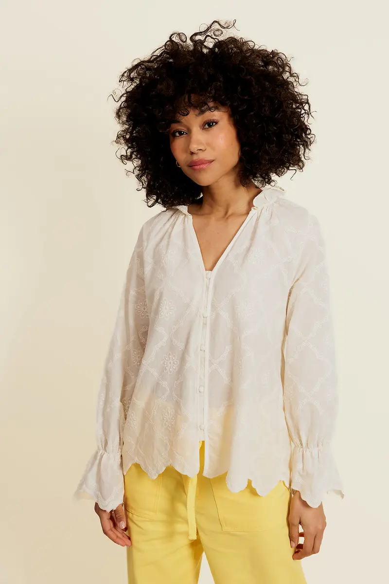 MADISON - Blouse Beige à Volants et Broderies