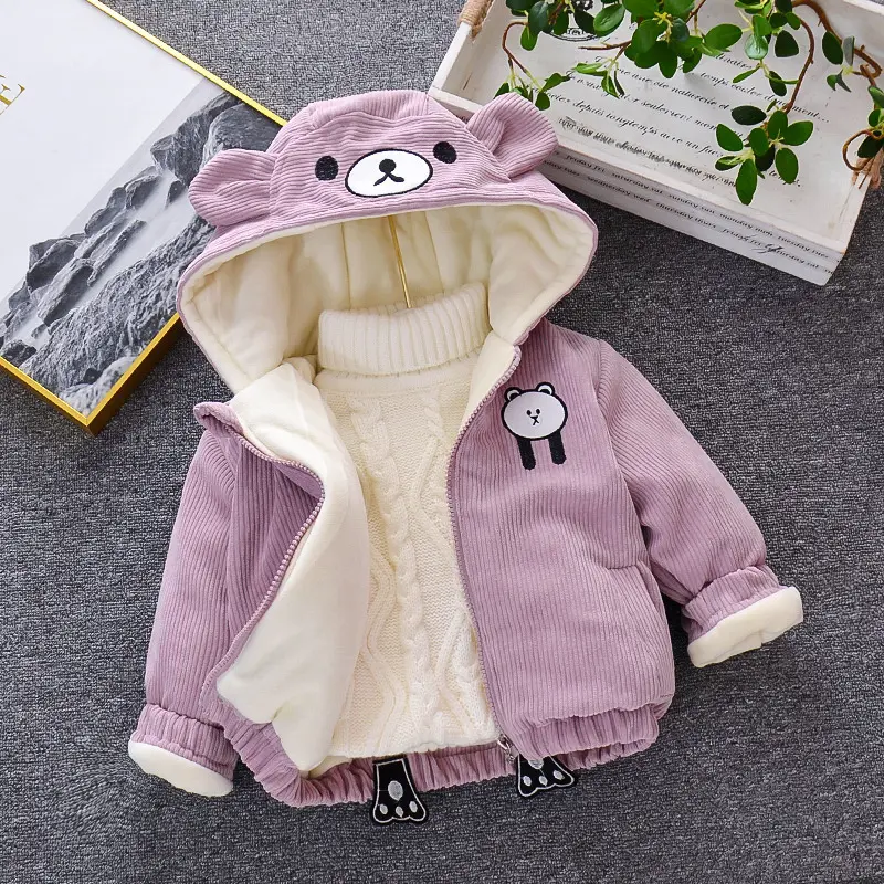 Manteau à Capuche Bébé Fille – Velours Côtelé Rayé, Rembourrage Coton, Printemps