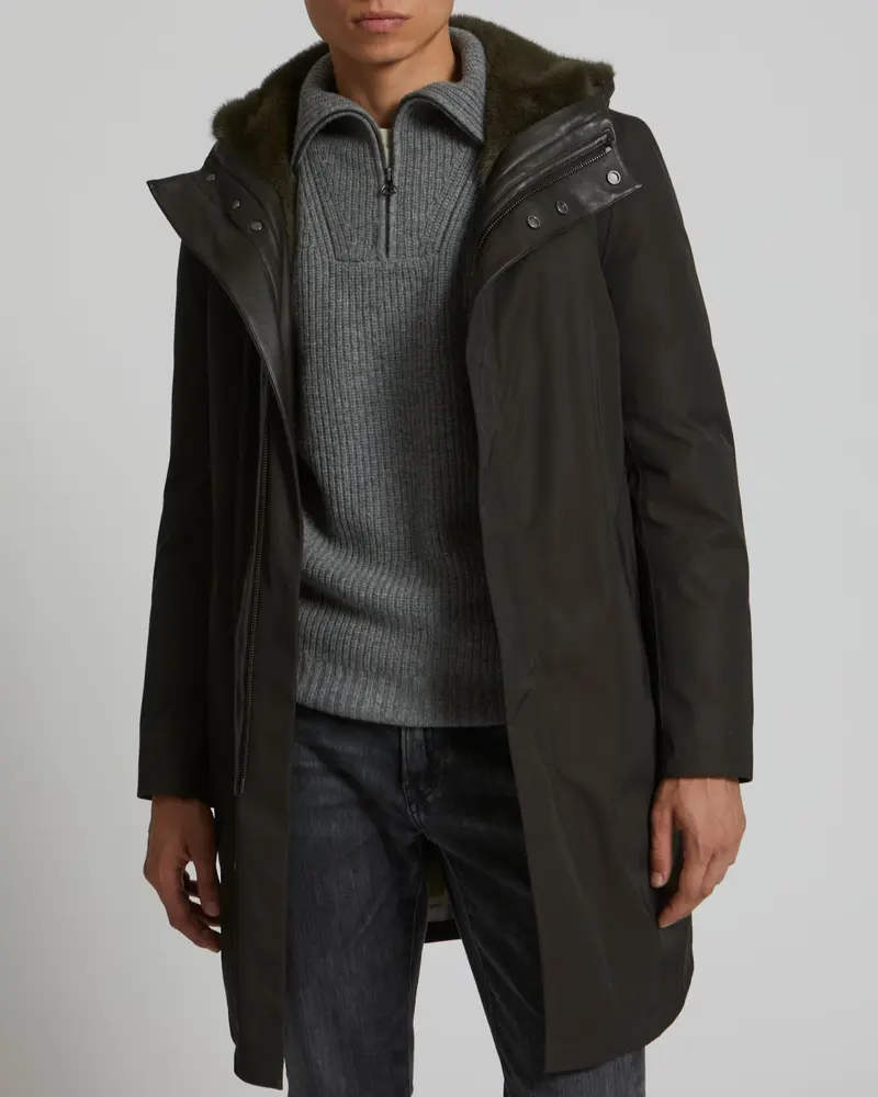 Manteau à capuche en gabardine imperméable et fourrure de vison