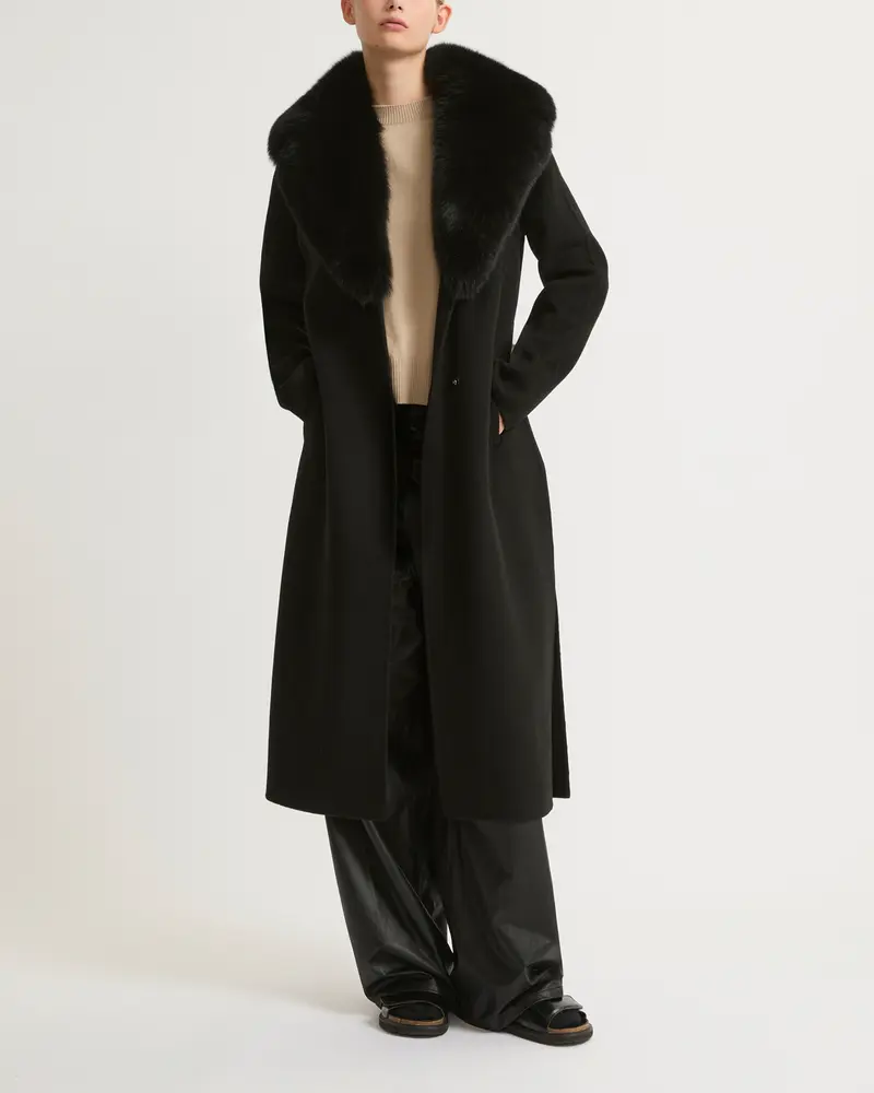 Manteau ceinturé en lainage cachemire avec col en fourrure de renard