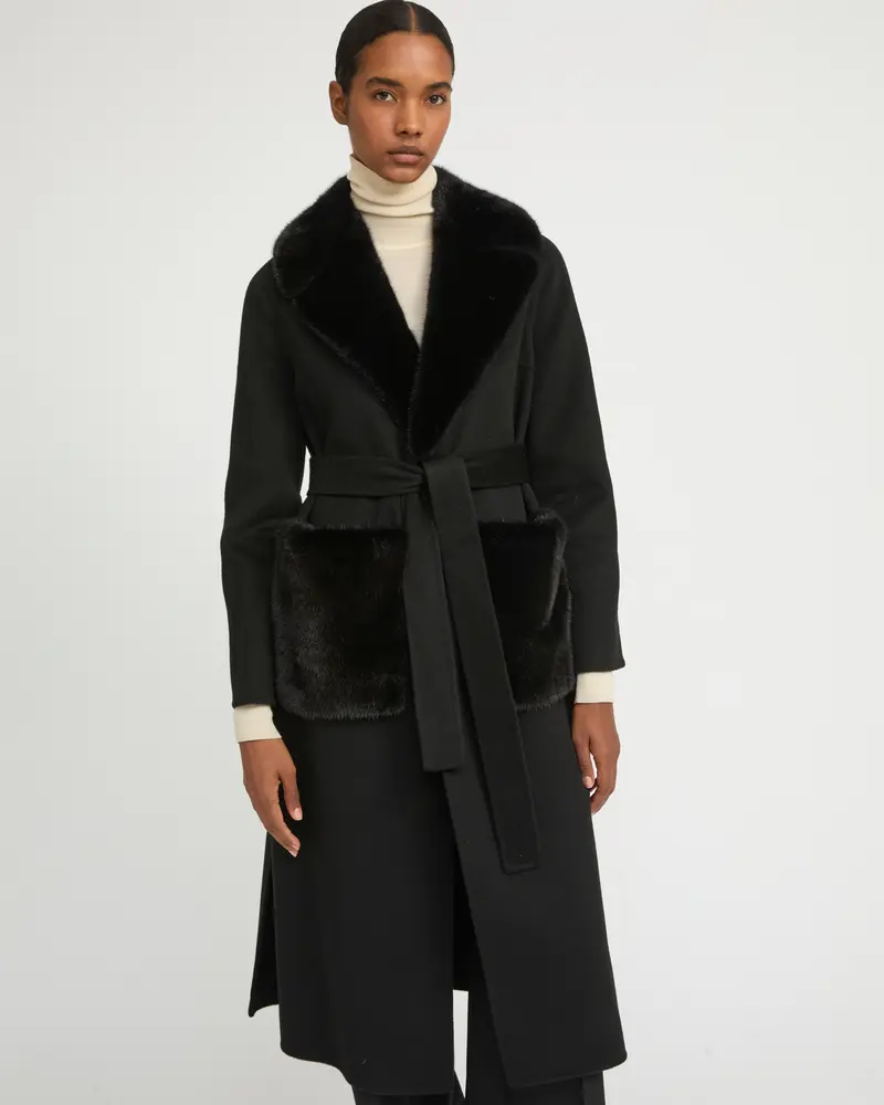 Manteau ceinturé en lainage cachemire avec col et sur-poches en fourrure de vison