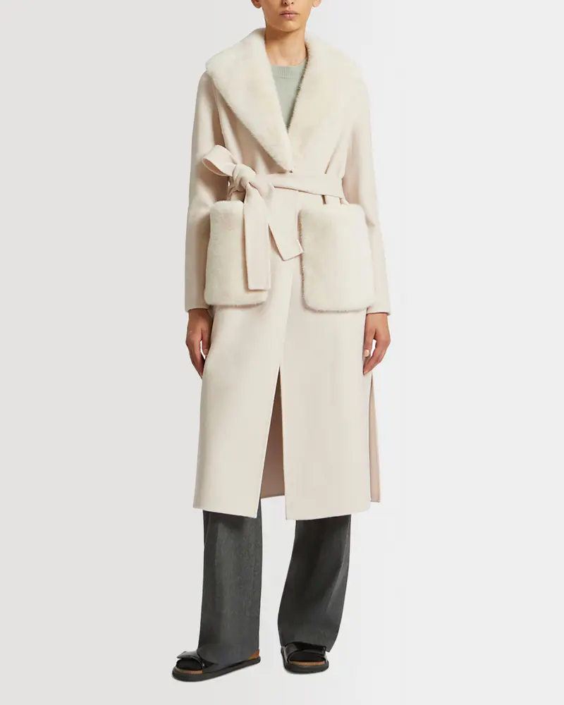 Manteau ceinturé en lainage cachemire avec col et sur-poches en fourrure de vison