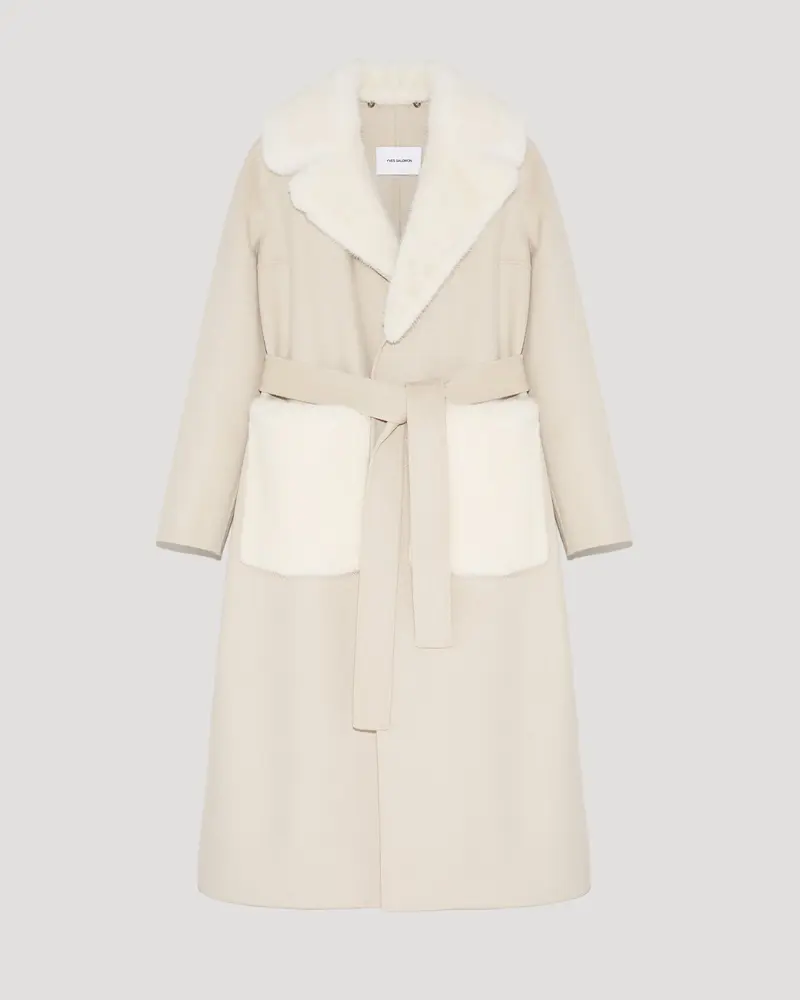 Manteau long cachemire et fourrure de vison - beige/blanc
