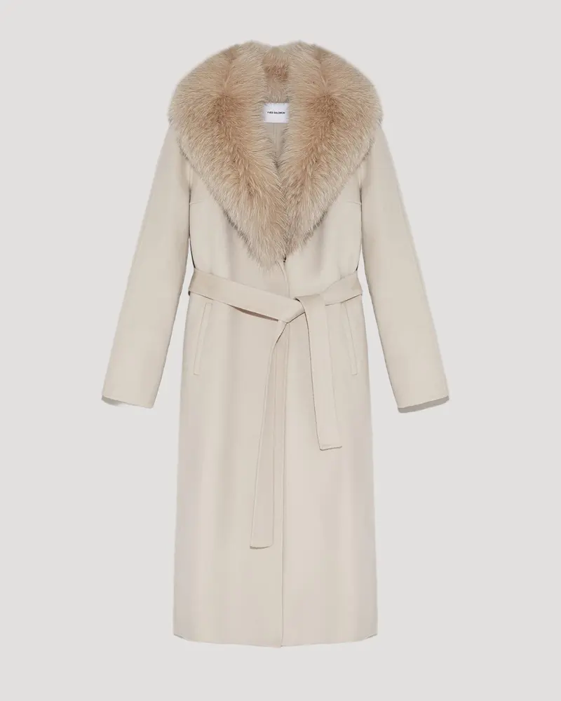 Manteau long en lainage cachemire et col en fourrure de renard