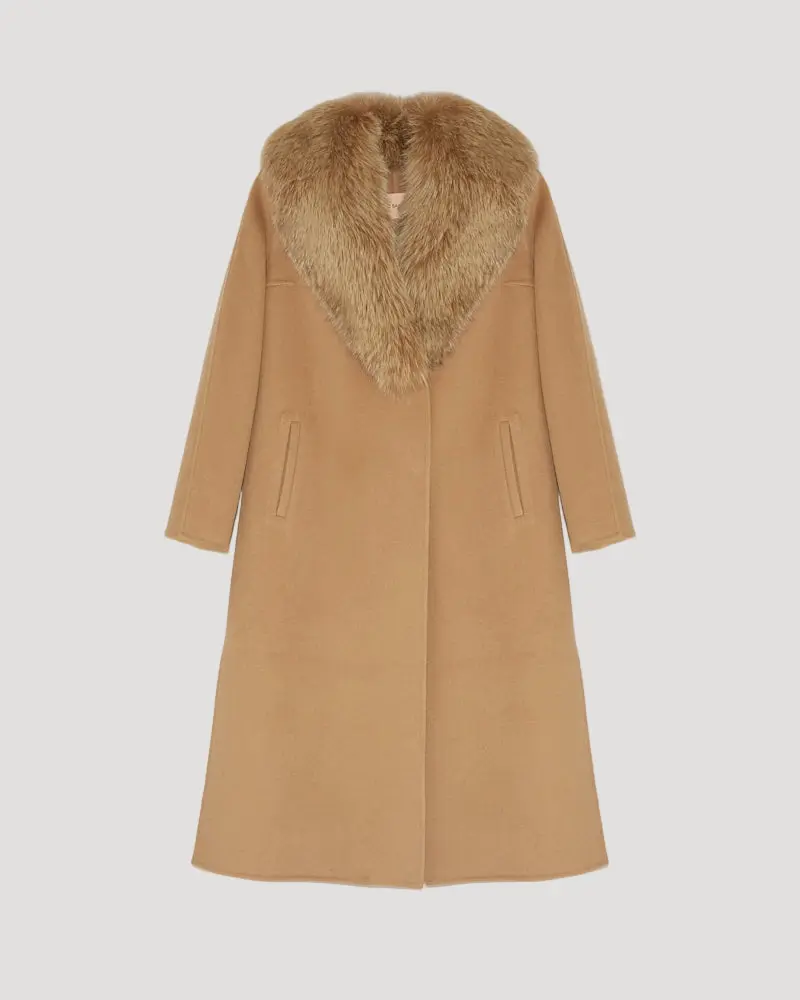 Manteau long Lainage cachemire et col fourrure de renard