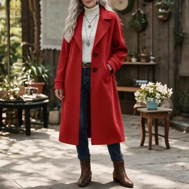Manteau trench mi-long femme à col revers – style rétro chic