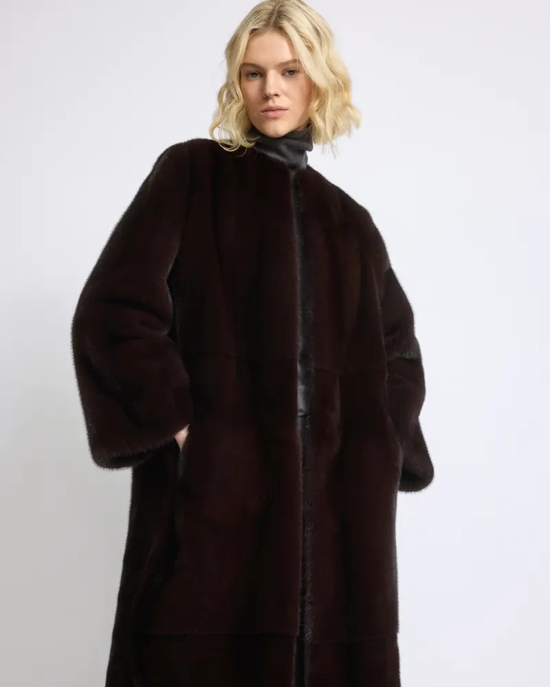 Maxi belted coat in long-haired mink fur