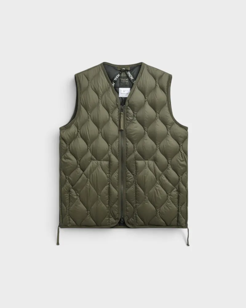 Military V Neck W-Zip Down Vest Dark Olive