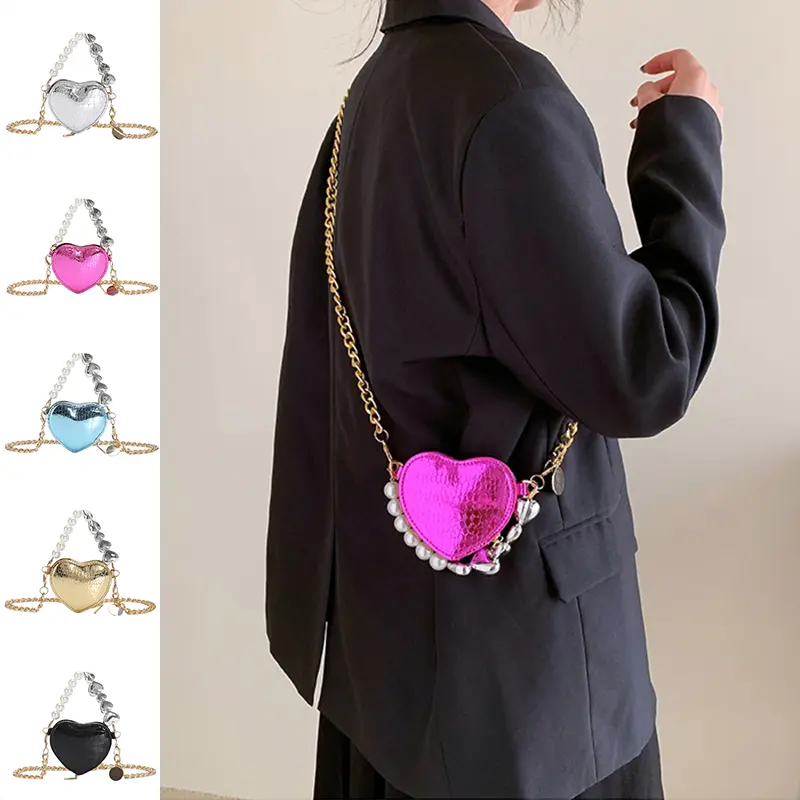 Mini Sac Cœur Femme – Perles & Chaîne Motif Crocodile | Couleurs Candy | 5 Coloris