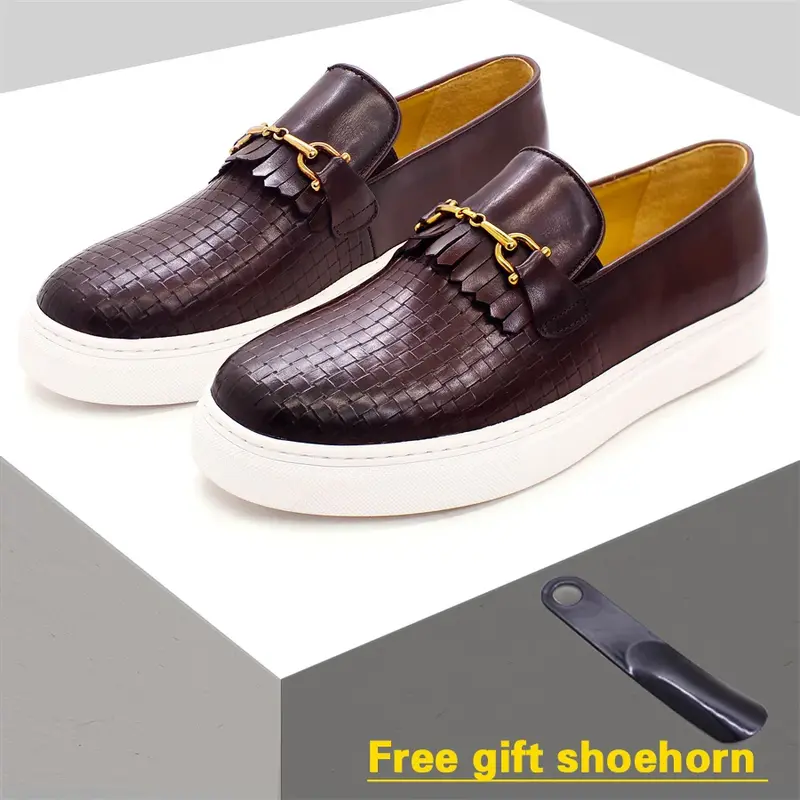 Mocassins plats faits à la main pour hommes, chaussures décontractées en cuir, chaussures de soirée formelles, bouton en métal, motif tissé, rendez-vous de luxe