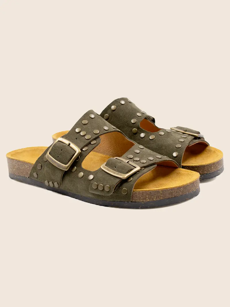 Mules liège clous cuir daim kaki