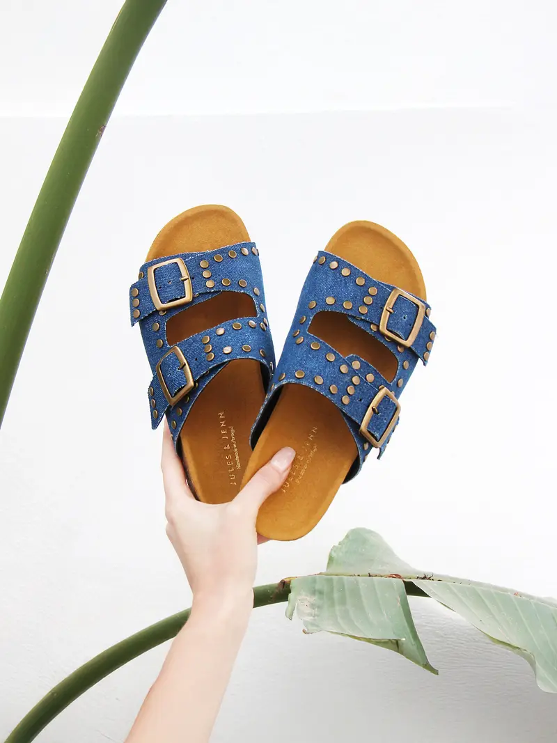 Mules liège clous toile jean bleu
