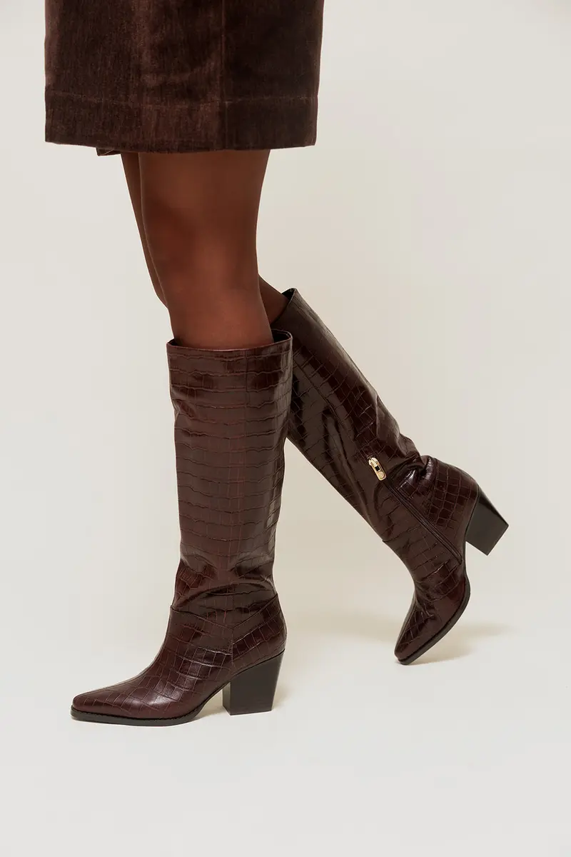 NAVARRO - Bottes à Talon en Cuir Façon Crocodile Marron