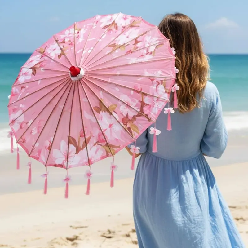 Ombrelle Anti Uv 50 Rose | Fleurs De Cerisier & Finition Franges