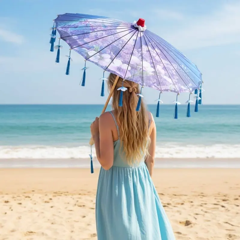 Ombrelle Anti Uv Pliable Bleu | Finition Franges