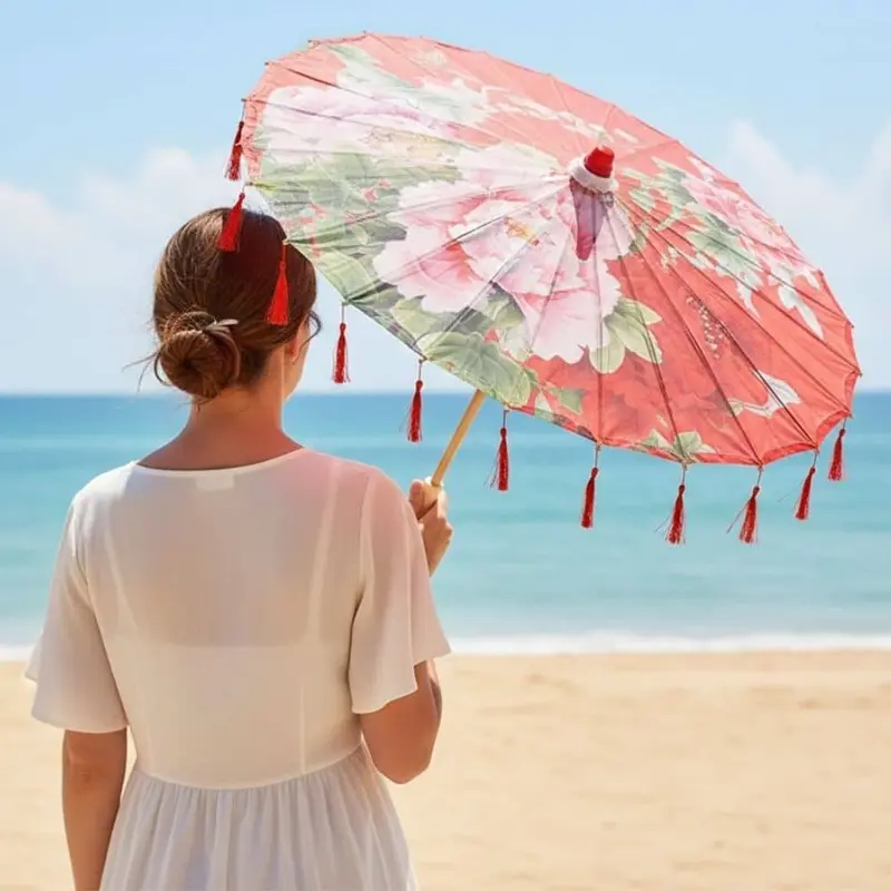 Ombrelle Anti Uv Rouge | Motifs Floraux & Finition Franges