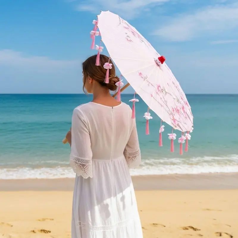 Ombrelle Anti Uv Universelle Rose | Motifs Floraux & Finition Franges