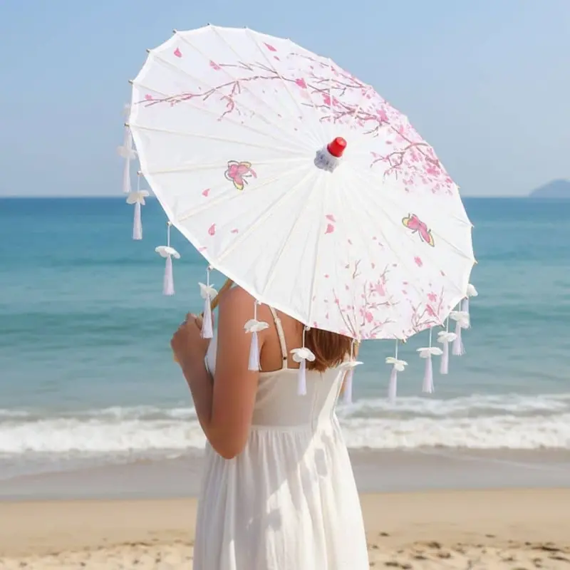 Ombrelle Japonaise Anti-Uv Blanc | Fleurs De Cerisier & Papillons