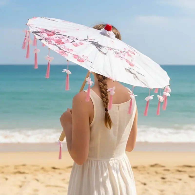 Ombrelle Parapluie Anti Uv Rose | Fleurs De Cerisier & Finition Franges